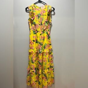 Women's XS Banjanan Iris Midi Dress Floral Sleeveless‎ Smocked Yellow